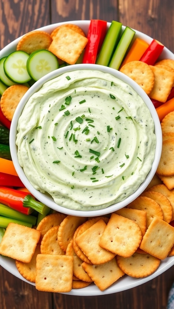 Creamy zucchini dip in a bowl, garnished with herbs, served with vegetables and crackers on a wooden table.